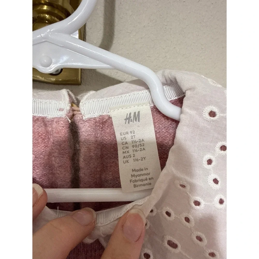 H&M Eyelet Collar Sweater Toddler 2T Pink Knit Peter Pan Lace Long Sleeve